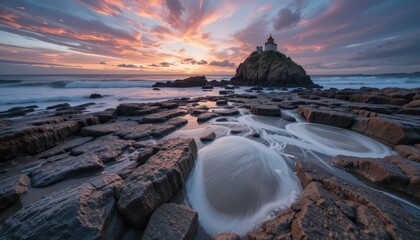 Obraz premium Serene Coastal View with Lighthouse at Sunset Over Rocky Shoreline