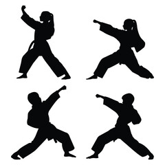 Black silhouettes of boy and girl practicing karate vector illustration