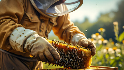 Close up view. Beekeeper works with honeycomb full of bees outdoors at sunny day 
