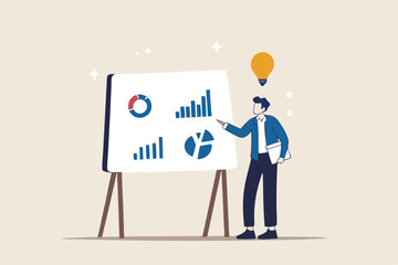 Sales pitch or presentation for business idea and opportunity, presenting proposal or plan to client or prospect, convince or selling concept, confidence businessman present sales pitch on whiteboard.