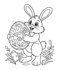 Easter bunny with egg coloring page for kids, black line art vector illustration on white background 