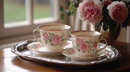 Afternoon Tea with Roses: Two Elegant Teacups on Silver Tray