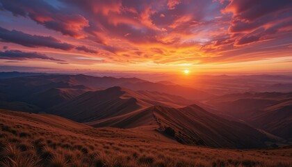 Naklejka premium Breathtaking Sunset Over Mountain Landscape with Vibrant Colors