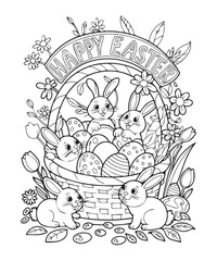 Cute easter bunny with eggs coloring page for kids, black line art vector illustration on white background