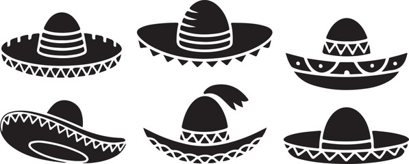 Collection of Six Sombrero Hat Icons in Black Silhouette