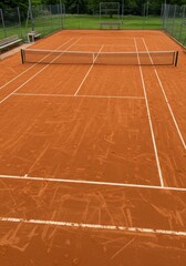 Fototapeta premium Empty outdoor clay tennis court with white lines and net, surrounded by green grass and trees