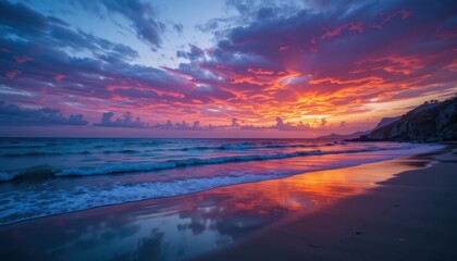 Fototapeta premium Breathtaking Sunset Over Calm Ocean Waves with Colorful Clouds