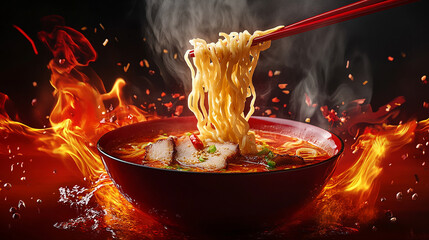 Realistic hot ramen with spicy red broth