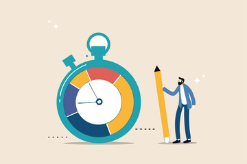 Time tracking system or time management to manage project or productivity, evaluate efficiency or project resources planning concept, business man stand with stop watch timer time spend pie chart.