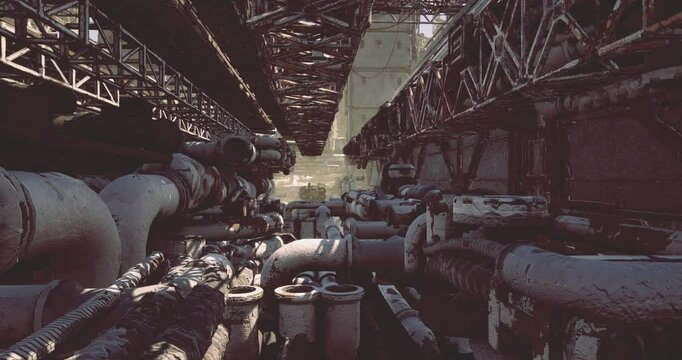 A dense network of rusted pipes and metal structures fills the view, showcasing the complex design of an old industrial site. Light filters through the beams, adding an eerie atmosphere.