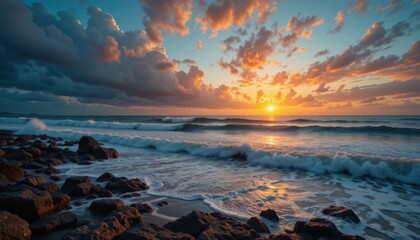 Naklejka premium Serene Sunset Over Ocean Waves with Clouds and Rocks on Coastline