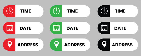 Time, date, address button for ux,ui design vector. Clock, calender, location icon set vector
