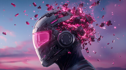 Fototapeta premium Futuristic helmet disintegration visual. Use this image to create stunning sci-fi digital art or as a striking element in futuristic design concepts.