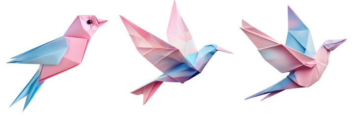 A set of delicate handcrafted paper origami birds in soft colors, isolated on a transparent background