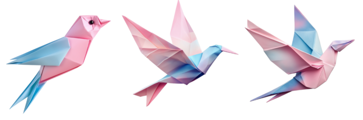 A set of delicate handcrafted paper origami birds in soft colors, isolated on a transparent background