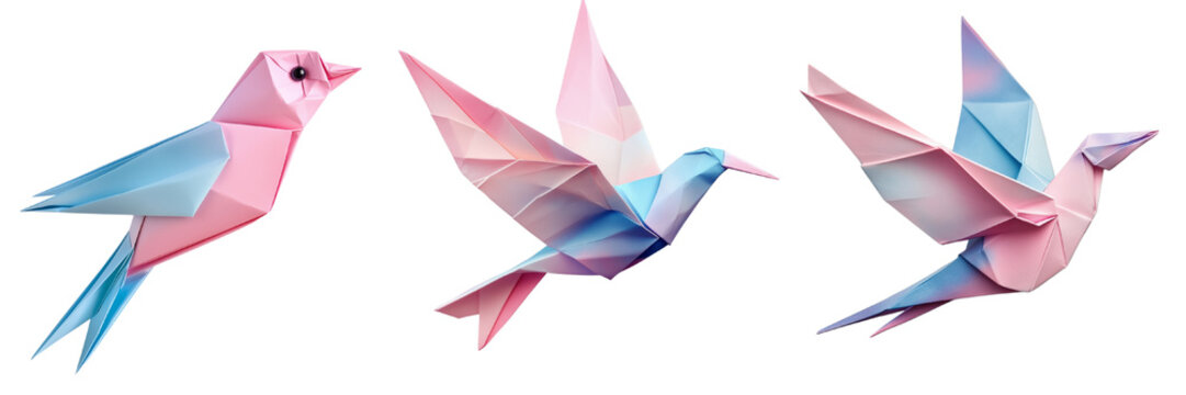 A set of delicate handcrafted paper origami birds in soft colors, isolated on a transparent background