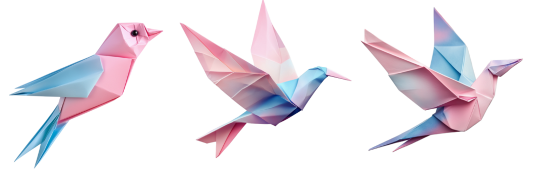 A set of delicate handcrafted paper origami birds in soft colors, isolated on a transparent background