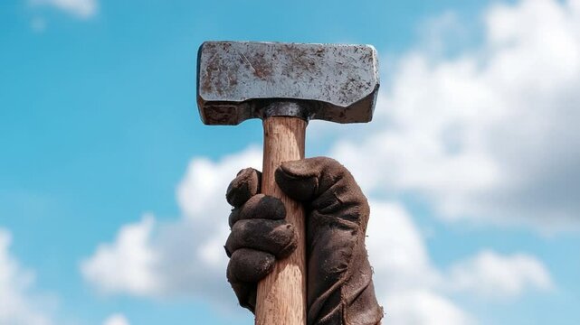 Strong Hand Holding Hammer Against Blue Sky with Fluffy White Clouds in Background