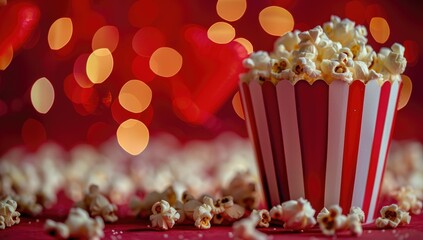 Popcorn in a Red and White Striped Bucket against a Blurred Cinema Background