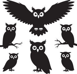 Collection of Black Owl Silhouettes on White Background