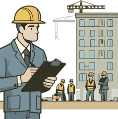 Safety-First Engineer Conducting Construction Site Assessment with Workers and Equipment