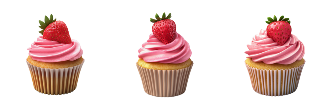 A set of delightful 3D strawberry cupcake icons with shiny textures and soft highlights, isolated on a transparent background