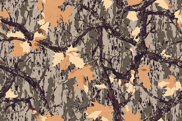 Realistic forest camouflage. Seamless pattern. Vector camouflage pattern. Deer hunting background. Conifer tree, branches and leaves. Useable for hunting and military purposes.