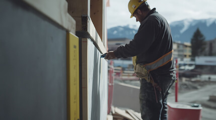 Construction Worker Applying Insulation to Building Exterior