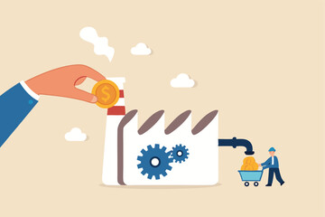 Manufacturing or production to earn profit, industry or factory, make money machine or manufacture concept, businessman put money into factory to earn more profit from production.