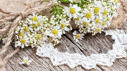 Rustic Floral Arrangement with White Flowers and Lace on Wood Surface