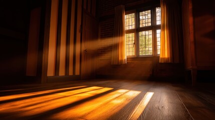 Warm sunlight streaming through a window, illuminating a rustic wooden room with shadows
