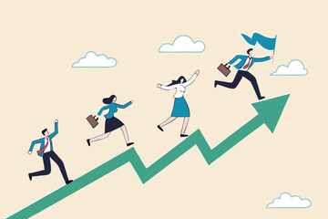 Performance management, employee rating appraisal or review, career growth or plan for improvement, career development concept, businessman and woman employees running up performance graph and chart.