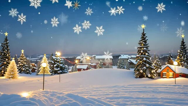 Snowy winter scene with a decorated Christmas tree in a city landscape, a vector illustration for the holiday season