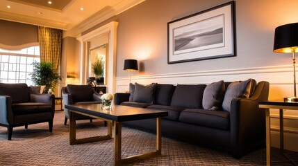 Fototapeta premium Elegant living room with modern furniture, soft lighting, and decorative elements in background