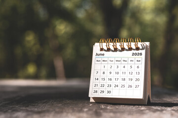 Calendar page June of the year 2026 on a natural background, with copy space and business design....
