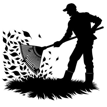silhouette man raking leaves in garden clip art preview