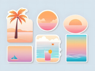 Retro Color Summer Icons and Backgrounds Clip Art Digital Sticker Sheet Tropical Beach Illustrations