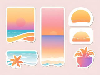 Retro Color Summer Icons and Backgrounds Clip Art Digital Sticker Sheet Tropical Beach Illustrations