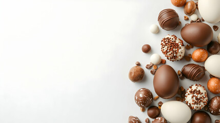 Obraz premium Assortment of Brown and White Chocolate Eggs and Truffles on White Background