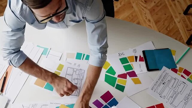 Top view of stressed project manager asleep at meeting table with failed ideas and discarded design sketches