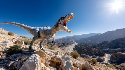 Roaring Dinosaur on Mountaintop Prehistoric Beast in Desert Landscape Dramatic Jurassic Scene