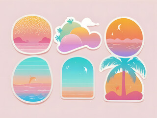 Retro Color Summer Icons and Backgrounds Clip Art Digital Sticker Sheet Tropical Beach Illustrations