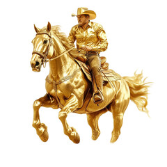 Golden cowboy riding a golden horse galloping fast