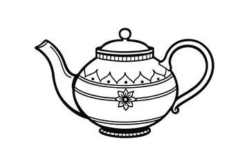 Black and white line art drawing of an antique teapot.eps