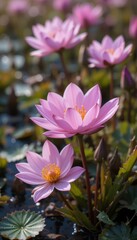 Obraz premium Beautiful Pink Water Lilies in Tranquil Pond Setting