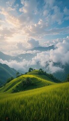 Fototapeta premium Serene Rice Terraces Under Dramatic Clouds in Lush Mountainscape