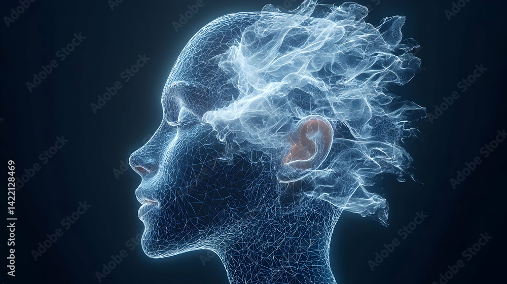 Poster abstract depiction of a human head composed of digital lines and ethereal energy. suggests concepts 