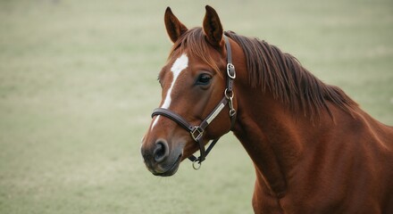 Obraz premium Brown horse standing calmly on green pasture 