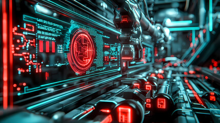 A futuristic digital interface featuring vibrant neon colors, intricate circuitry, and high-tech visual elements.