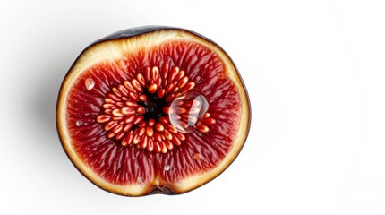 Fresh fig half with water droplets showcasing its vibrant texture details